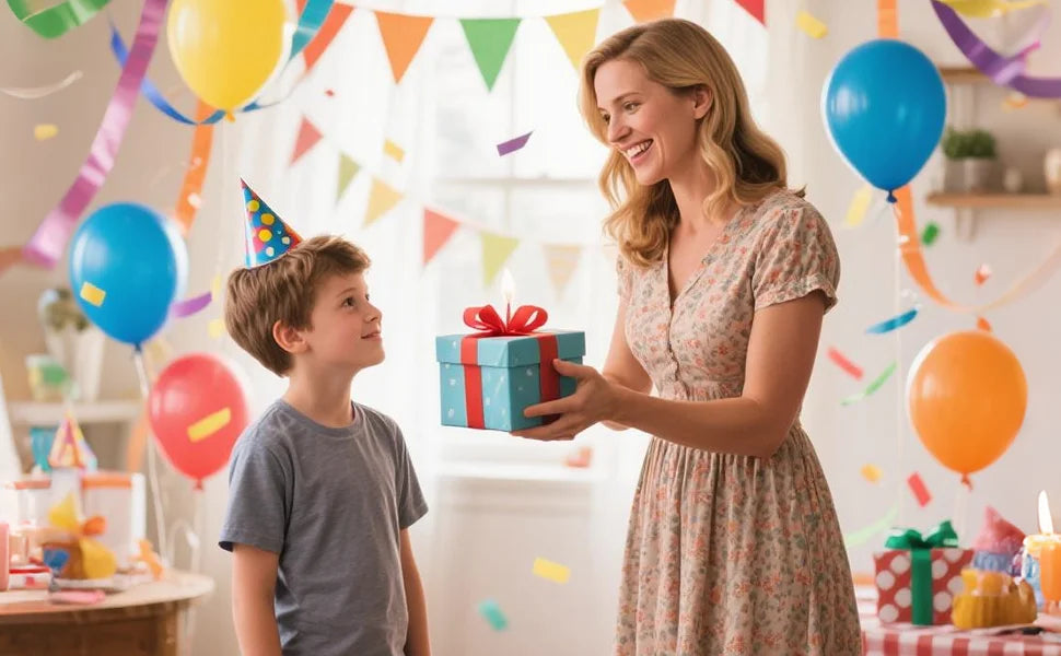 A smiling woman gives a boy a gift box in a bright, festive indoor setting.