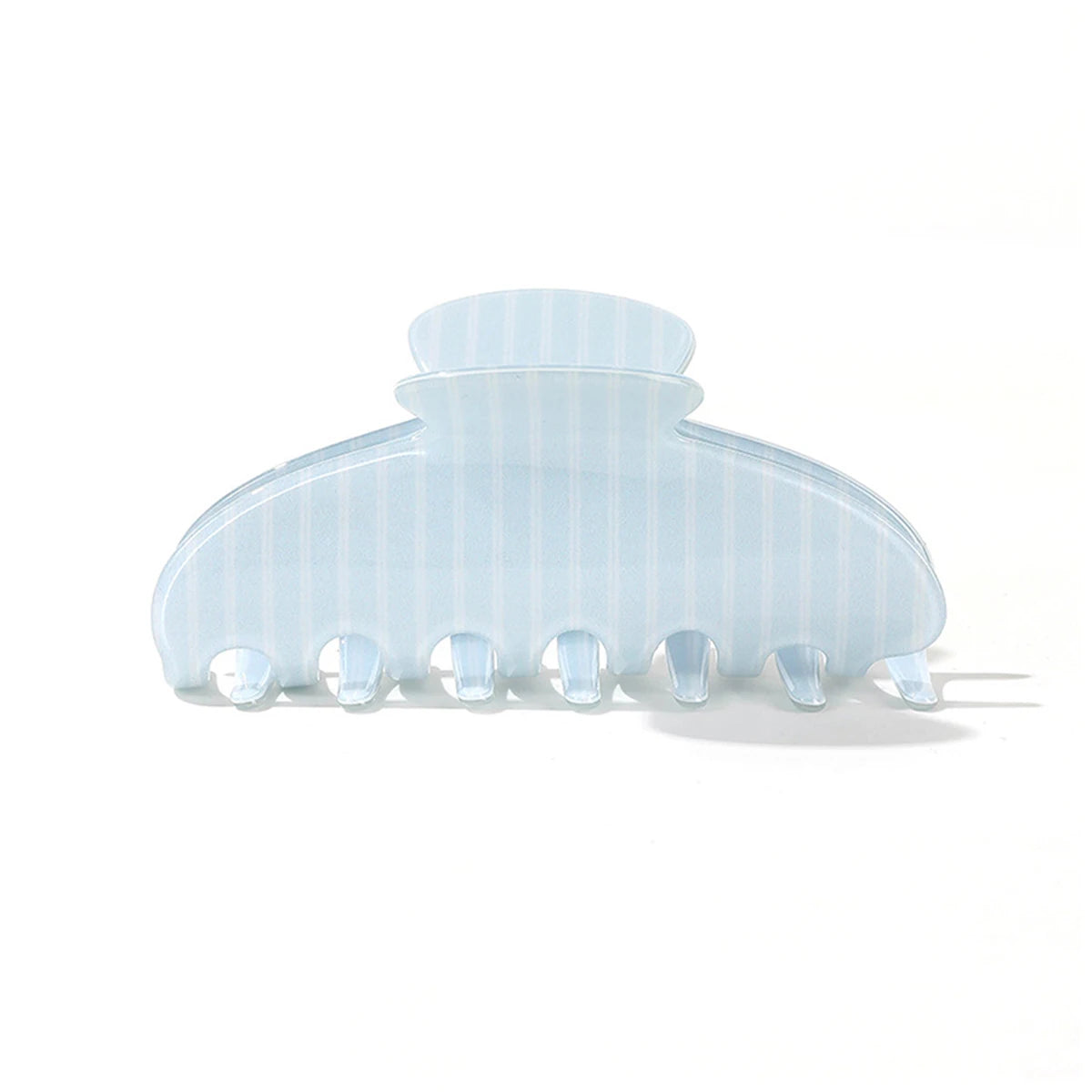 A clear plastic hair clips set with a light blue striped pattern.