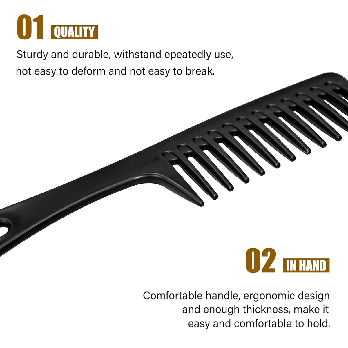 A black wide tooth detangling hair comb shown with text highlighting its quality and comfortable handle.