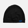 Black Y2K style beanie hat with a light blue skull graphic detail.