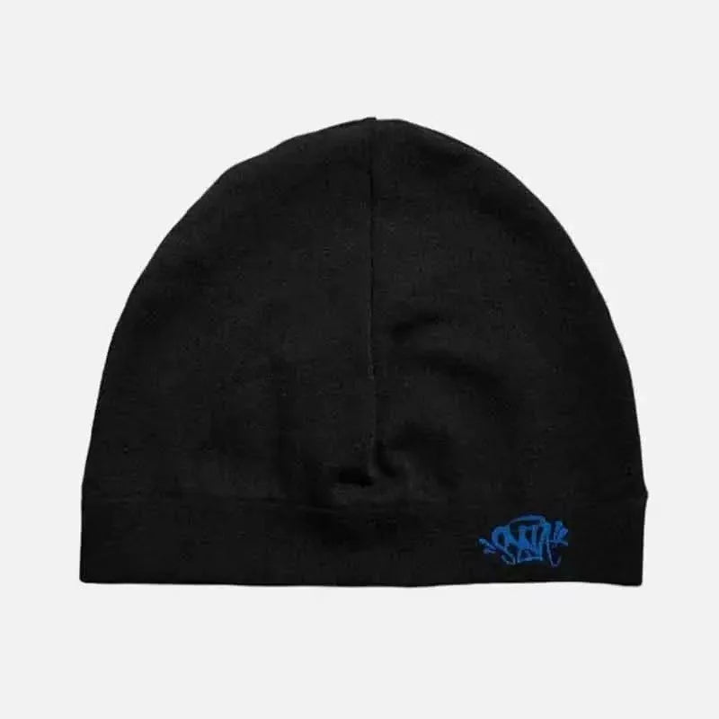 Black Y2K style beanie hat with a light blue skull graphic detail.
