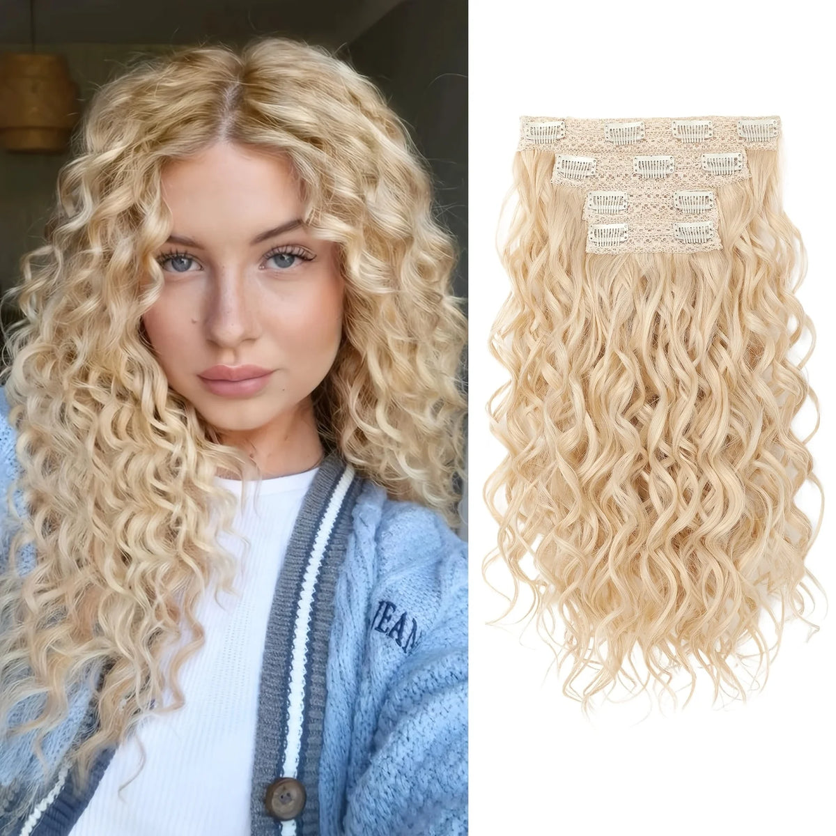 A close-up of long blonde wavy hair extensions with a lace-front and a matching 4 pack set.