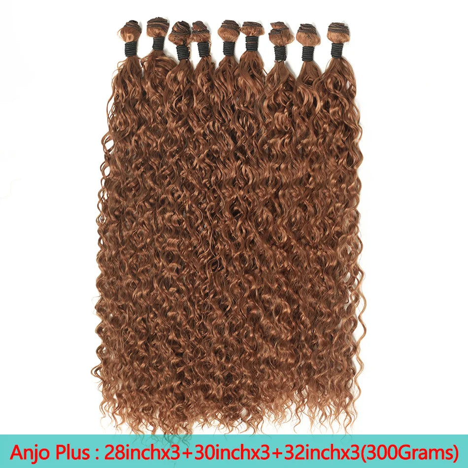 A bundle of long brown curly hair extensions with individual hair ties