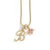 A gold chain necklace featuring an initial pendant shaped like the letter B and a pink flower charm.