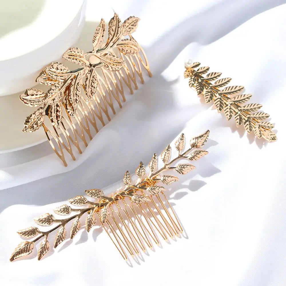 Gold leaf headband featuring delicate leaves and fringe for bridal or party accessories