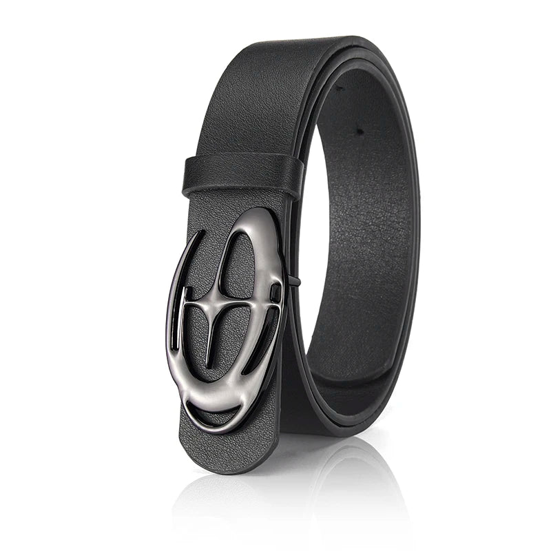 Black leather belt with a geometric alloy buckle shown from the side.