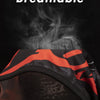 A close-up of a black balaclava helmet liner with orange accents, demonstrating its breathable material.