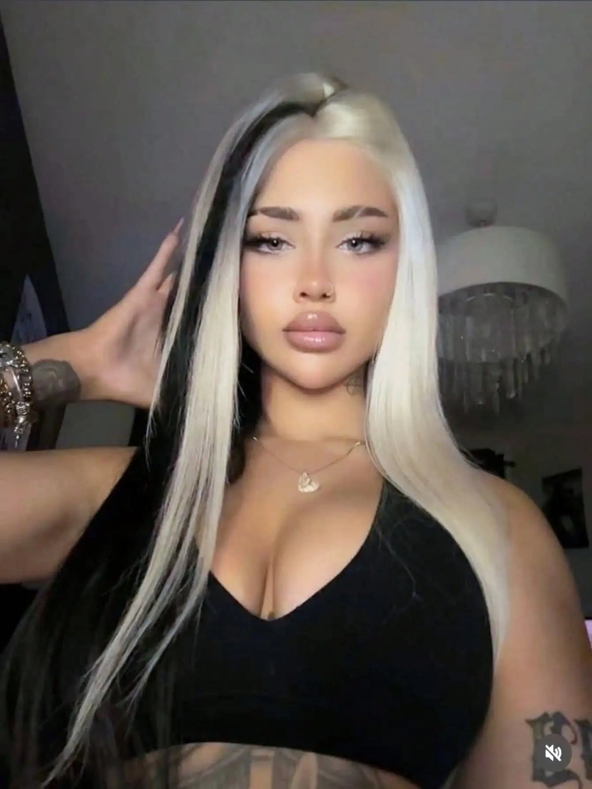 A model wearing a straight lace front wig with black and white highlights, looking directly at the camera.