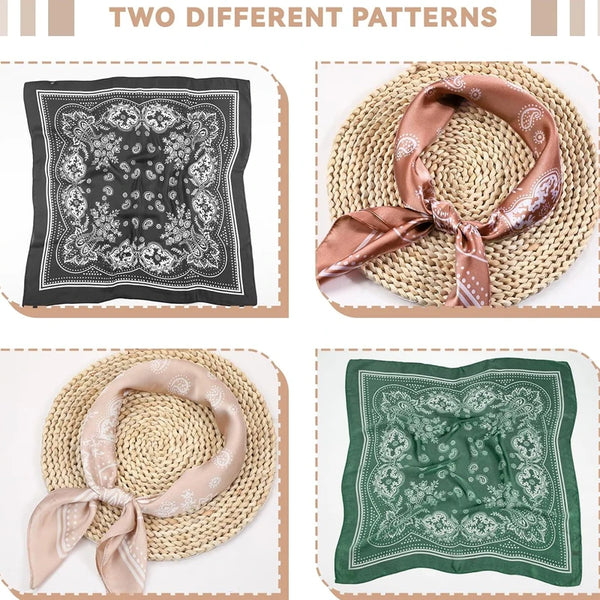 Two patterns of square satin bandanas for women, featuring intricate white embroidery on black and green fabric.