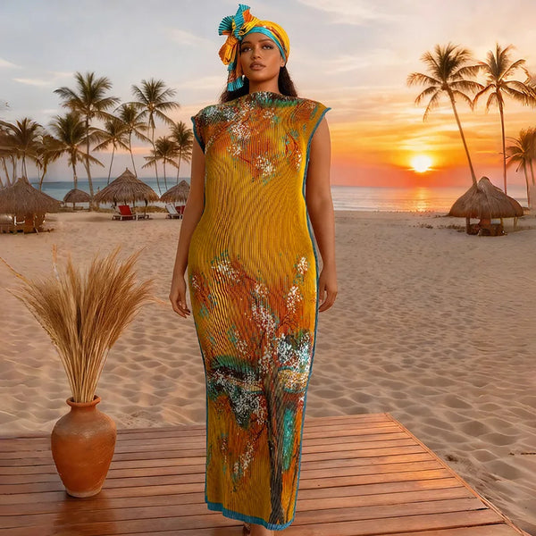 A plus size model wearing a yellow African silk printed dress outdoors on a beach at sunset.