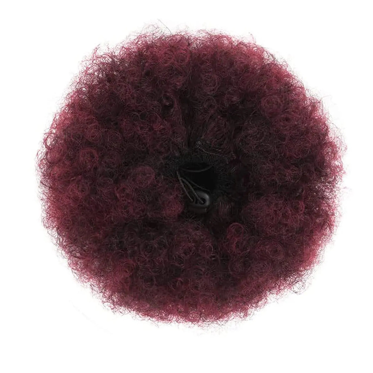 A spherical puff of dark reddish-purple kinky drawstring ponytail hair extension.