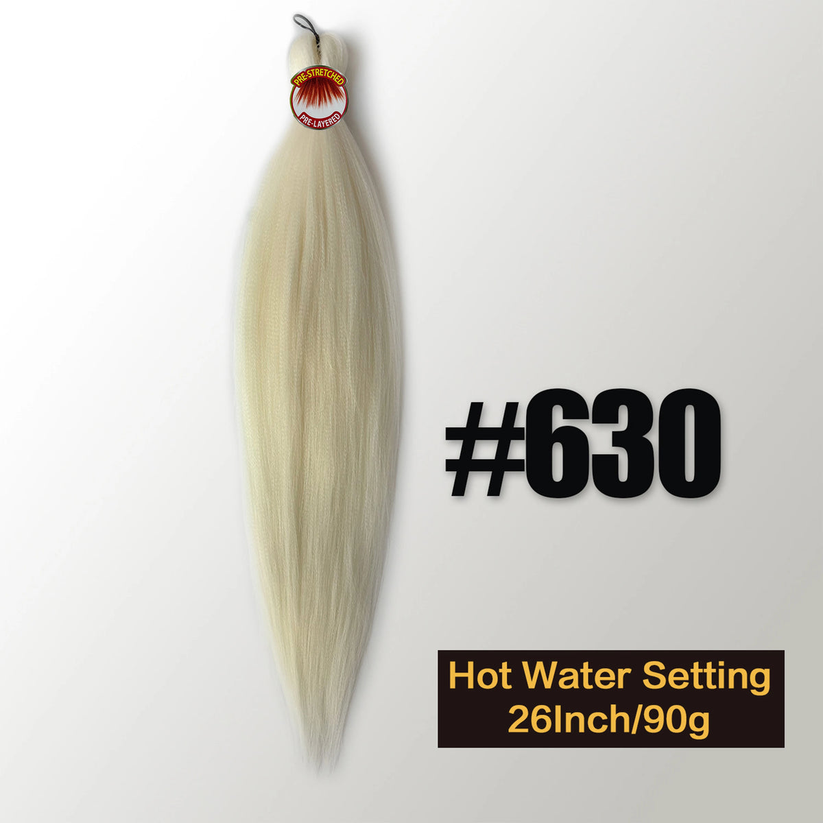 A bundle of light blonde pre-stretched Kanekalon braiding hair extensions labeled #630, 26 inches long and weighing 90 grams.