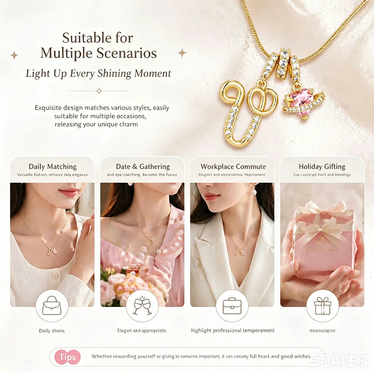 Gold letter pendant necklace shown with various lifestyle scenarios like daily matching and holiday gifting