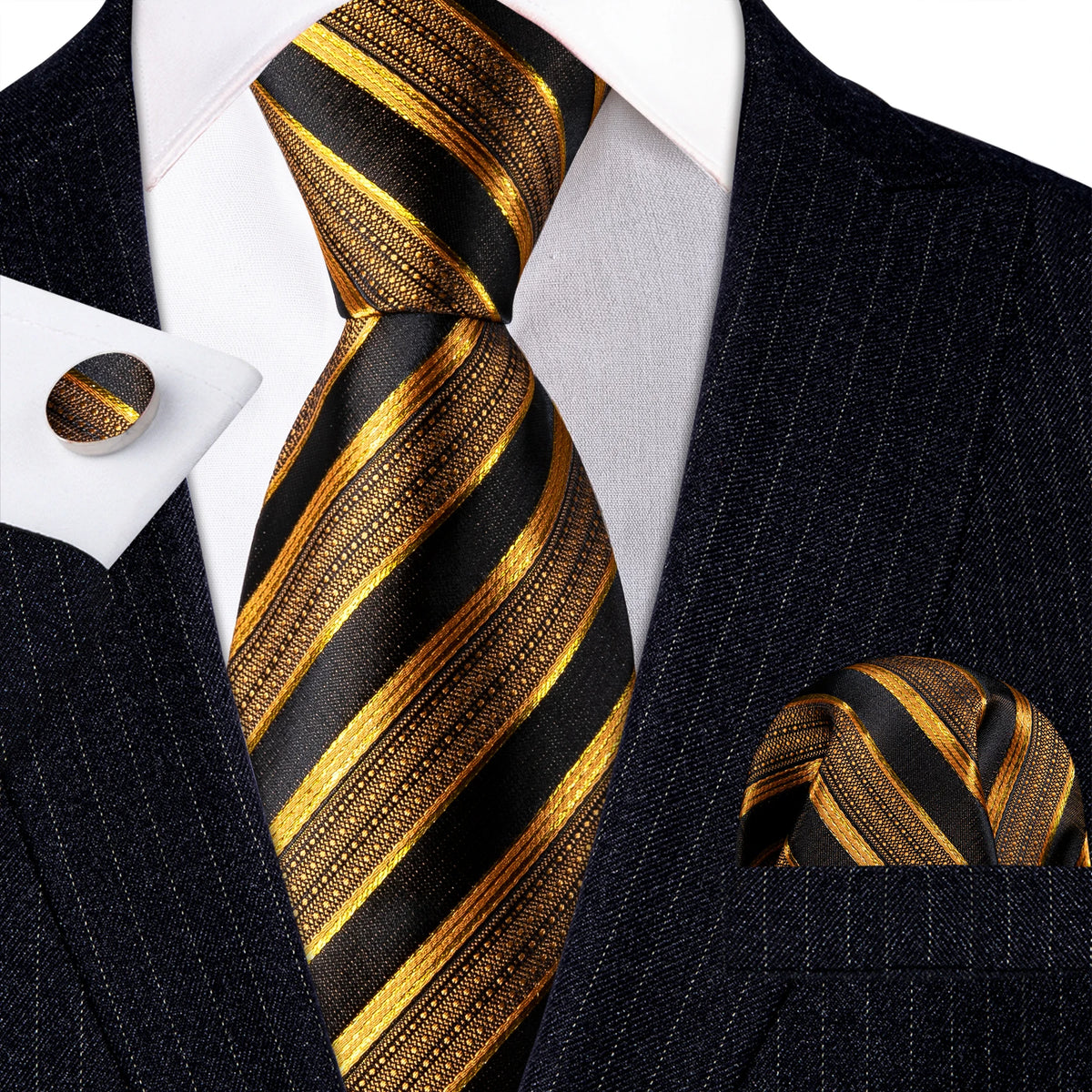 A black and gold striped silk tie worn with a dark suit jacket.