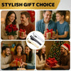 A collection of images showing stylish gift choices, including men and women giving or receiving wrapped presents.