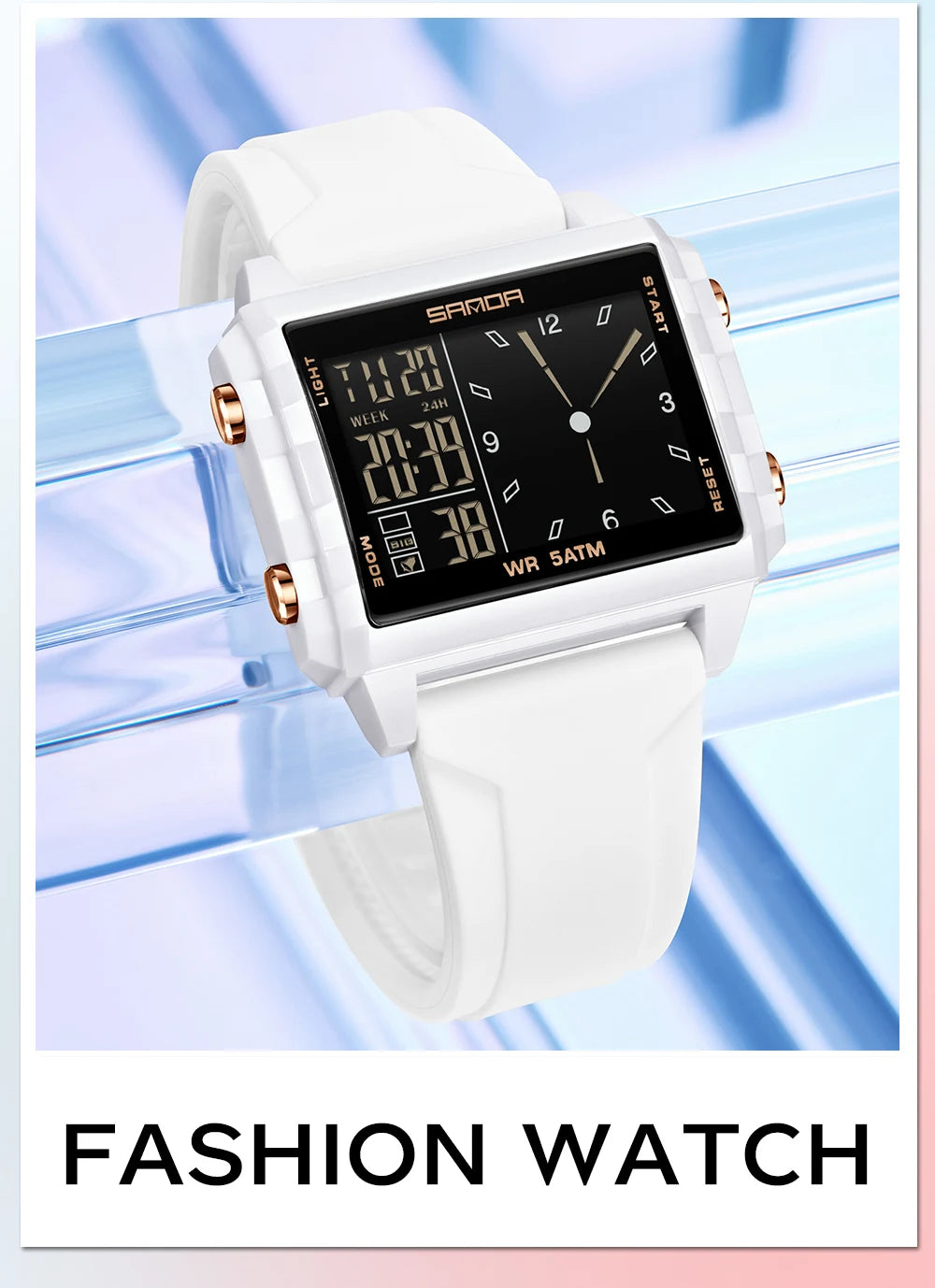 A white digital fashion watch with a black display and rose gold accents is shown on a wrist.