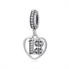 A silver family tree charm necklace featuring the number 18 in a heart shape, adorned with small stones.