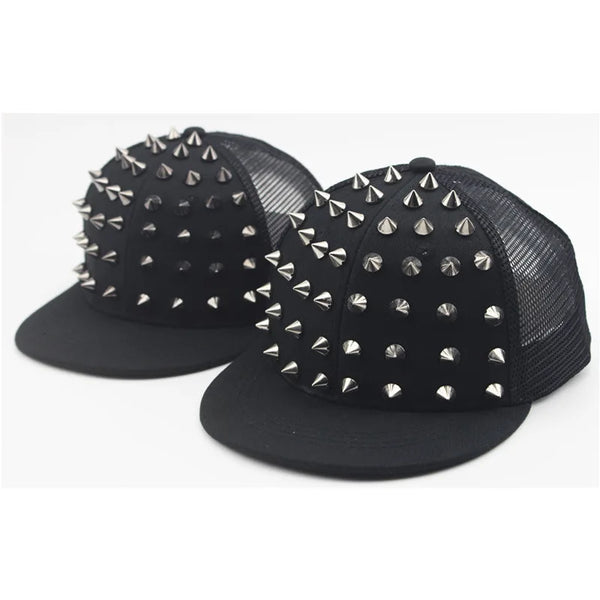 Black flat hat baseball cap adorned with silver rivets and studs.