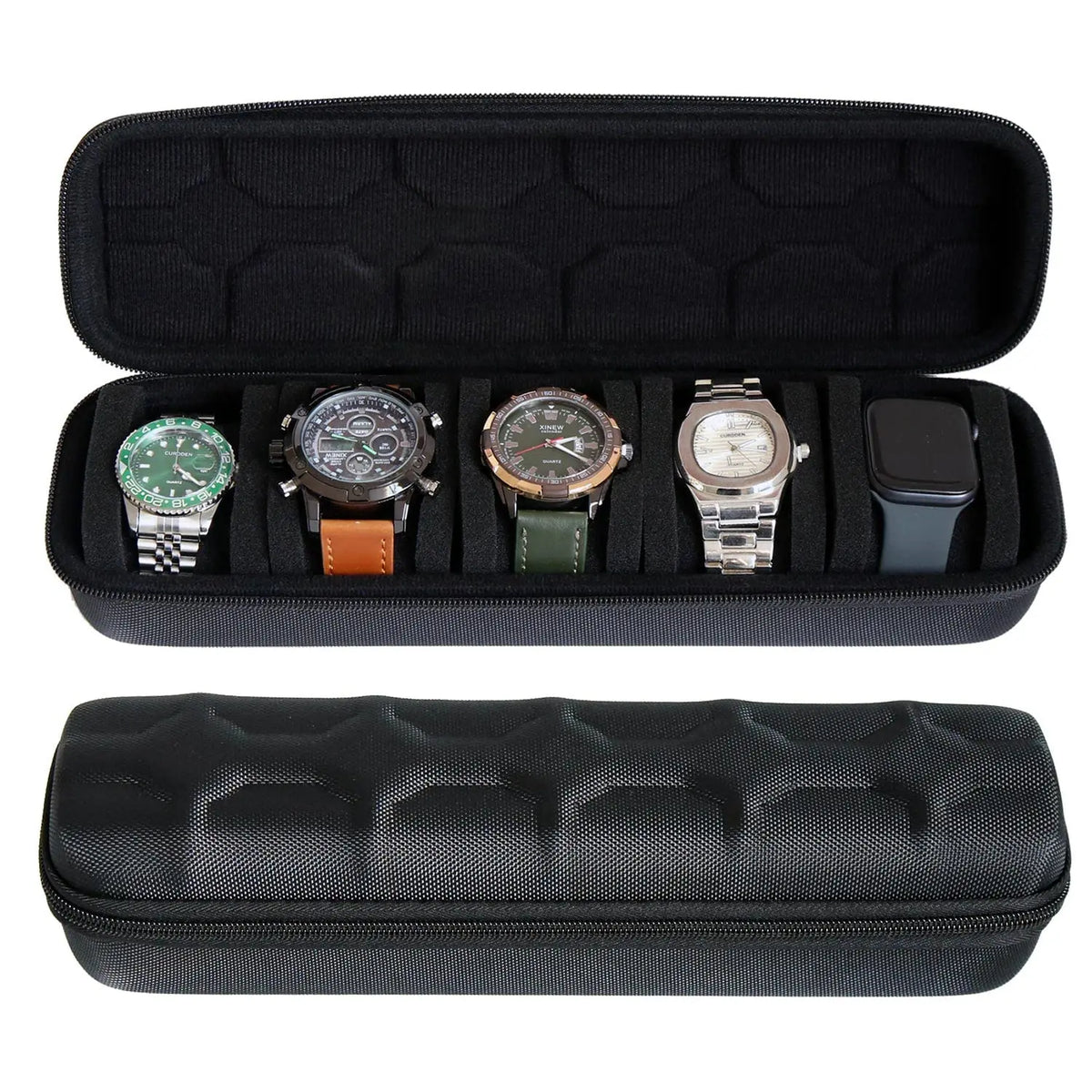 Black leather watch travel case organizer with multiple slots for storing watches and accessories