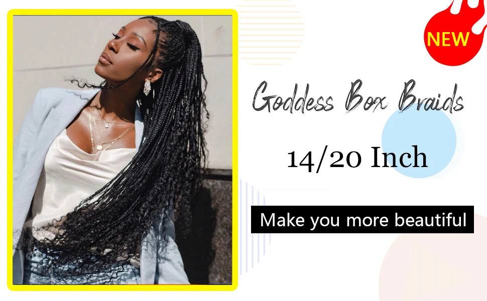 Eine Frau modelliert Göttinnen-Box-Zöpfe in schwarzen Boxbraids, zeigt den Stil für lockiges Haar.
