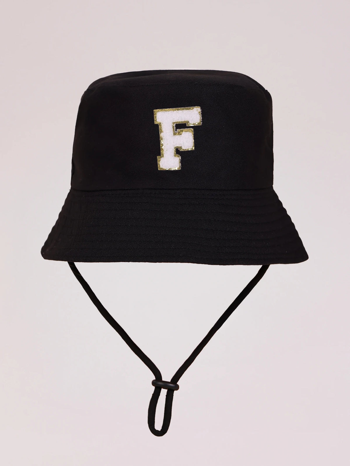 Black sun hat with a gold letter F embroidered on the front and an adjustable cord.