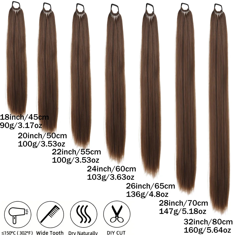A display of ultra-long straight ponytails in various lengths and colors, with measurements ranging from 18 to 28 inches.