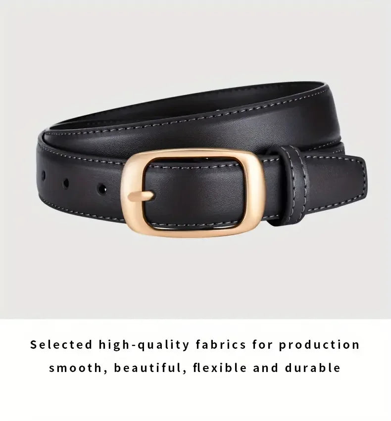 A black leather belt with a gold-toned buckle shown against a light background.