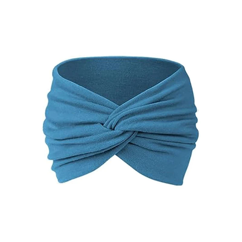 A teal fabric headband with a twisted knot design for yoga and sports.