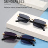 Rimless rectangle sunglasses in black and purple shades displayed on a white box.