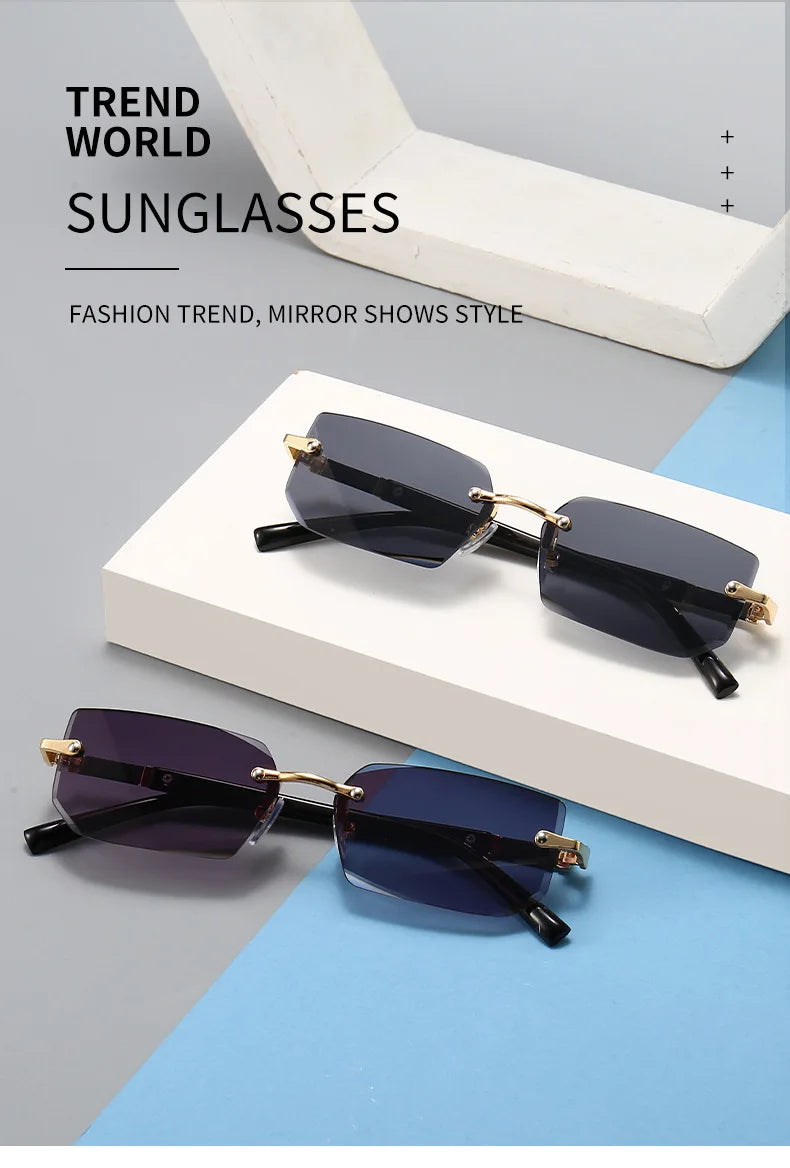 Rimless rectangle sunglasses in black and purple shades displayed on a white box.