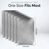 A stack of black mesh wig caps showing how one size fits most, with dimensions labeled.