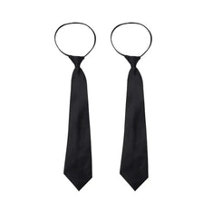 A black clip-on security tie displayed against a white background.