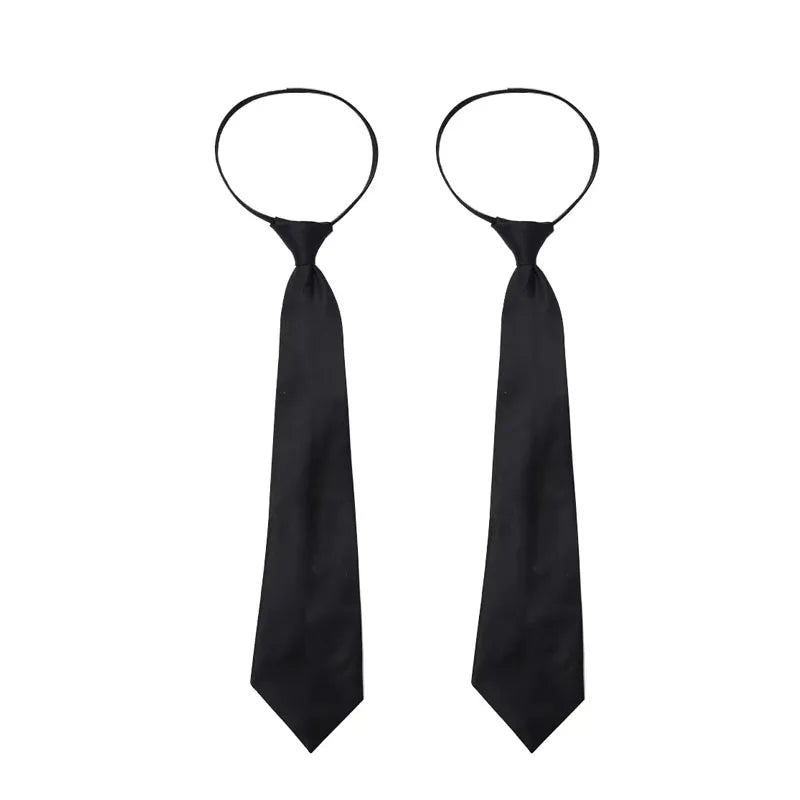 A black clip-on security tie displayed against a white background.