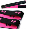 Three adjustable lace headbands in black and pink featuring a bow design.