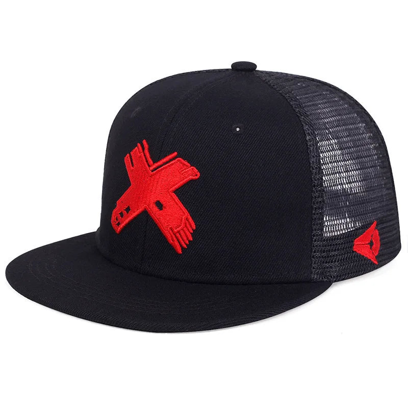 Black baseball cap with a red stylized hand logo on the front and side.
