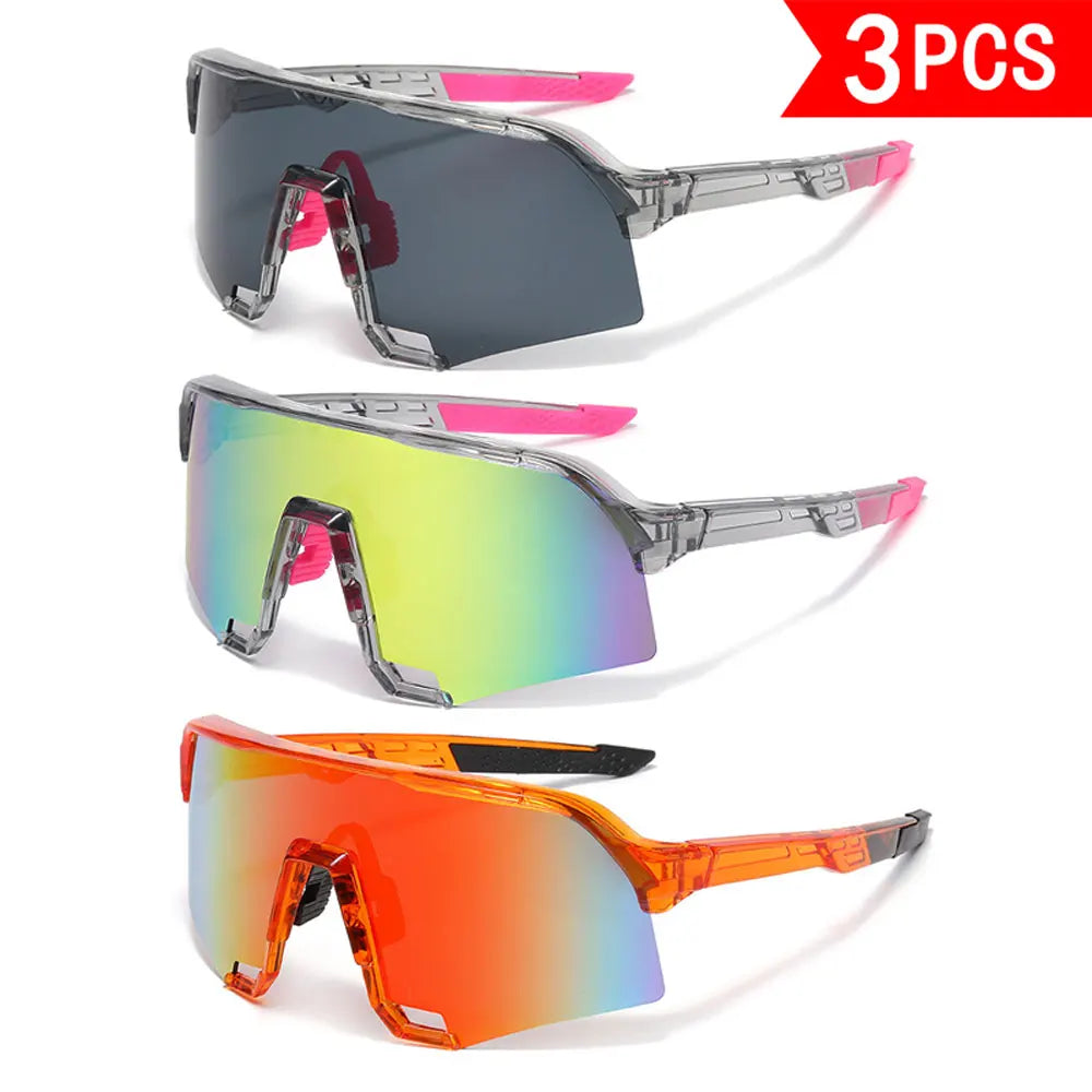 A set of three large frame trendy eyewear sunglasses in black, multi-colored, and orange lenses.
