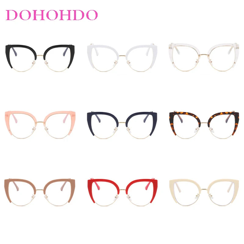 A collection of vintage metal cat eye anti-blue light eyeglasses in various colors and styles.