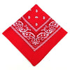 A red bandana featuring white paisley and floral patterns, used as a headband or wrist wrap.