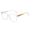 Minimalist rectangular eyeglasses with clear frames and a striped tortoiseshell detail.