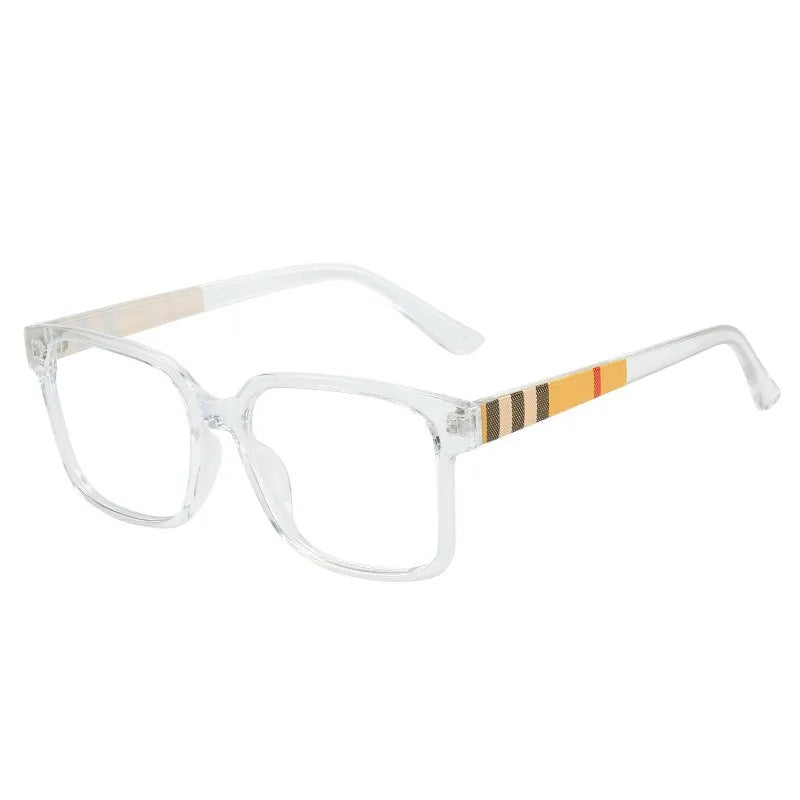 Minimalist rectangular eyeglasses with clear frames and a striped tortoiseshell detail.