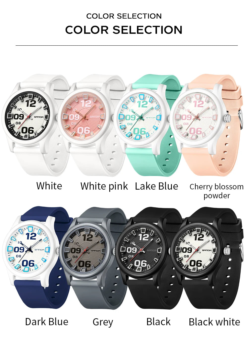 A selection of classic quartz fashion watches in white, pink, blue, and black finishes.
