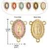A pair of gold and pink religious icons showing the front and back sides of a centerpiece with decorative connectors.