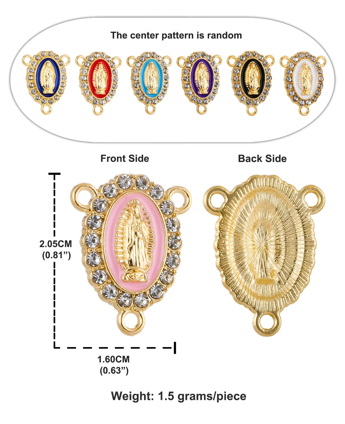 A pair of gold and pink religious icons showing the front and back sides of a centerpiece with decorative connectors.