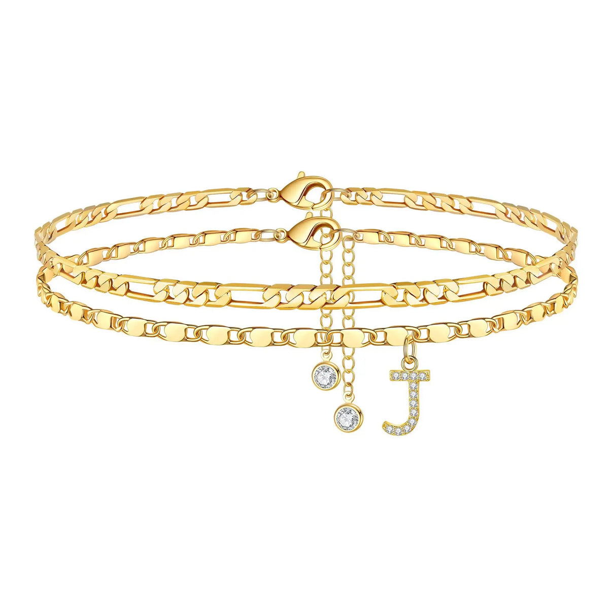 Gold plated initial letter anklet featuring a chain and a letter T charm.