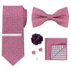 A pink patterned men's formal tie and bow tie set with a matching pocket square.