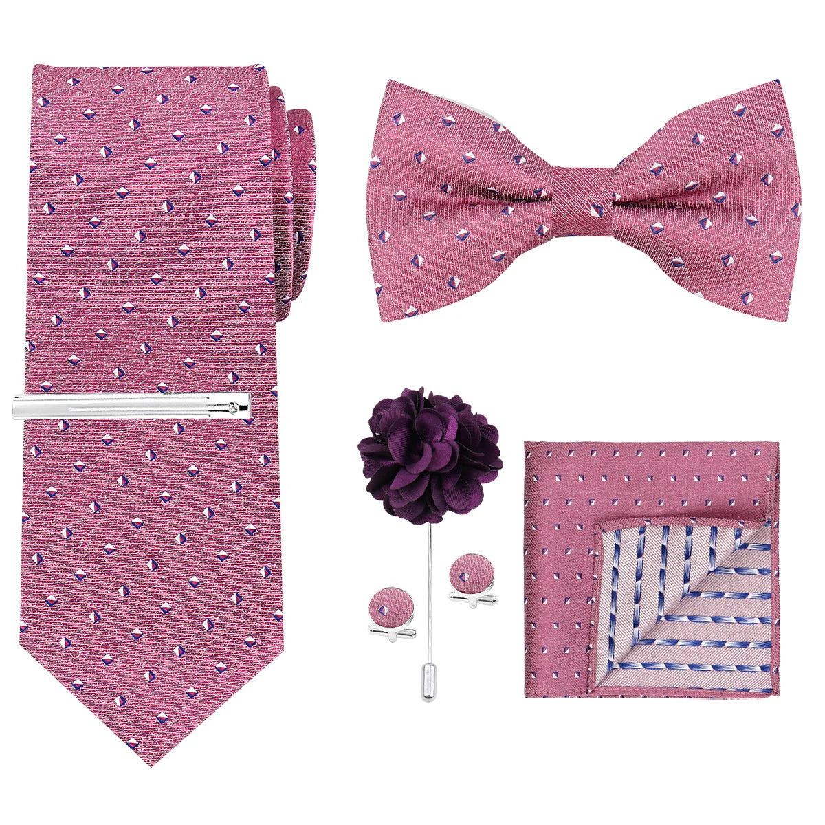A pink patterned men's formal tie and bow tie set with a matching pocket square.