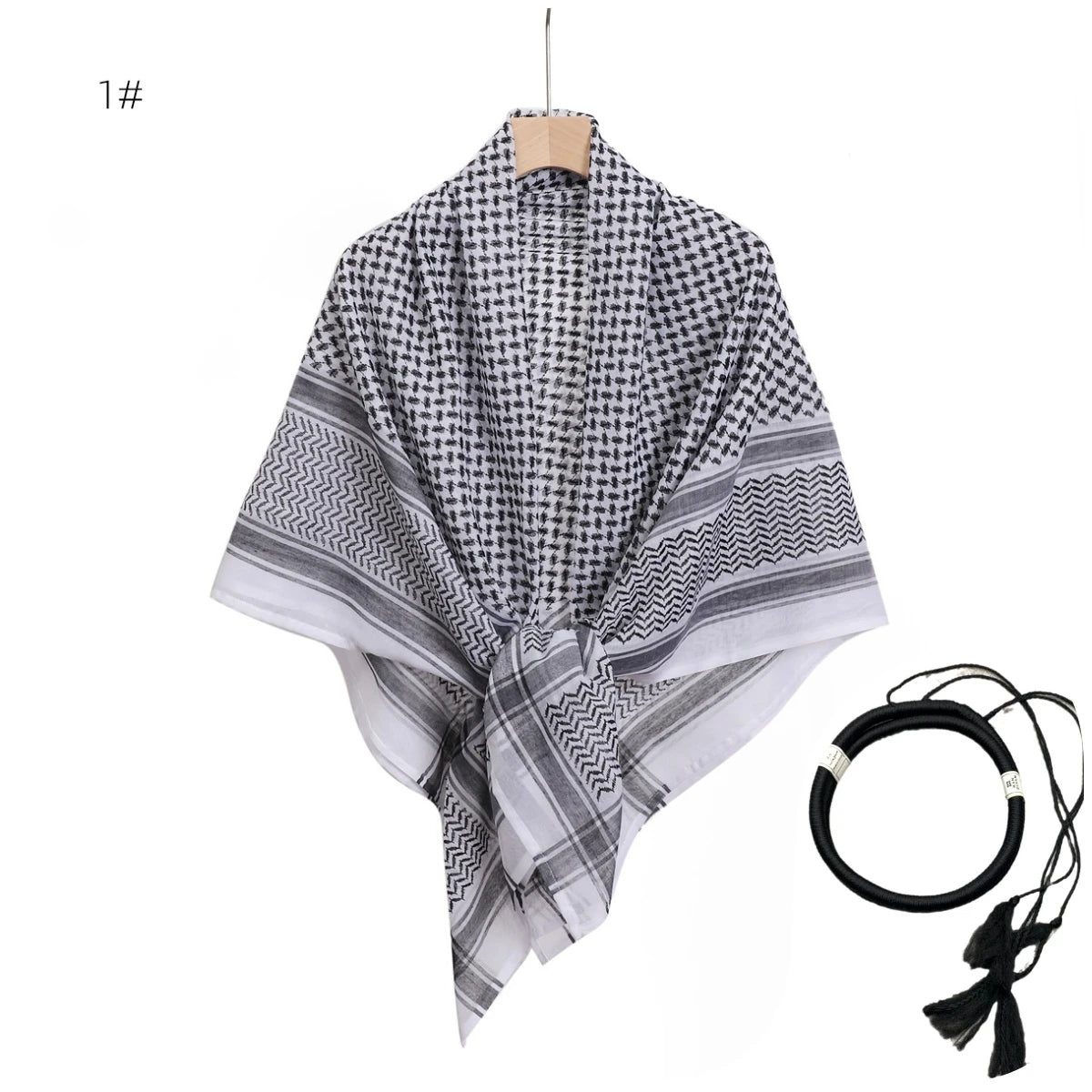Pañuelo táctico gris y blanco plegado con cuerda negra agal attached