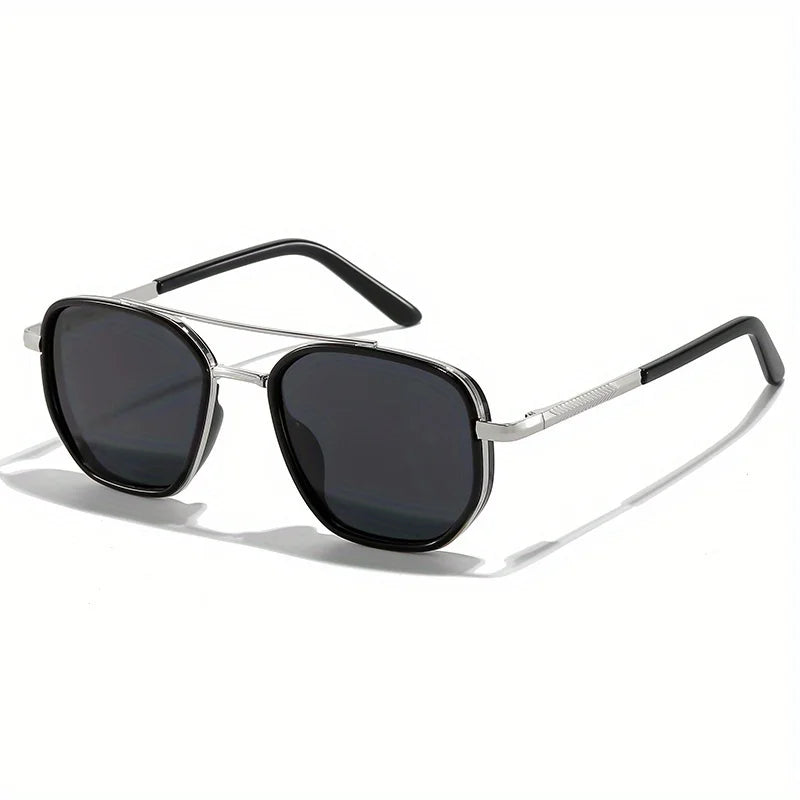 Black vintage polarized square sunglasses with silver metal frames