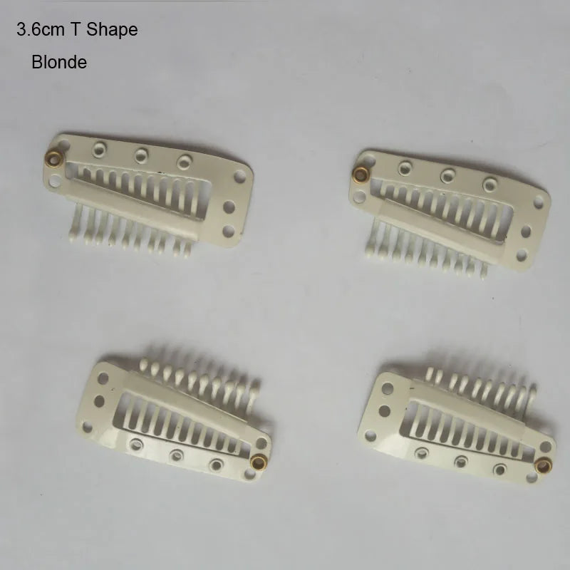 A set of three 3.6cm T-shape hair extension clips in blonde color.