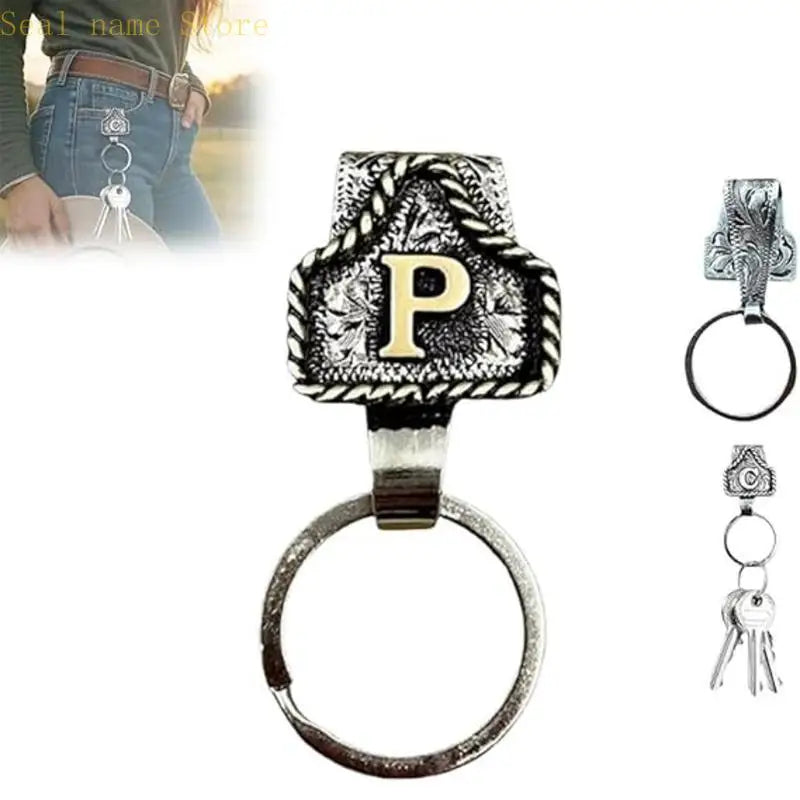Silver letter P pendant on a keyring and belt keychain